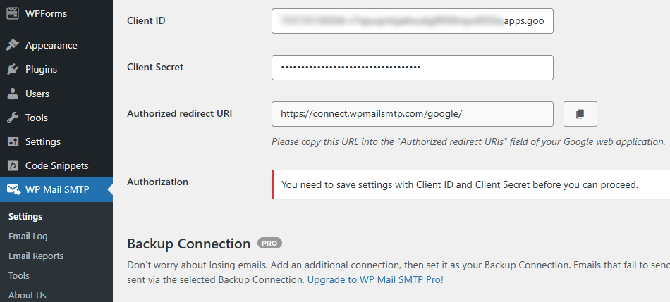 Enter Credentials  in WP Mail SMTP